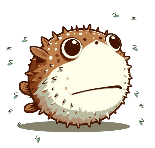 Popfish, a cartoon pufferfish, with a comically large closed mouth