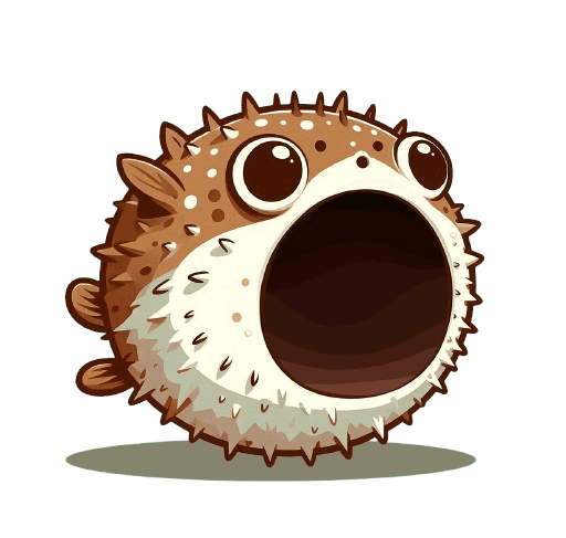 Popfish, a cartoon pufferfish, with a comically large open mouth